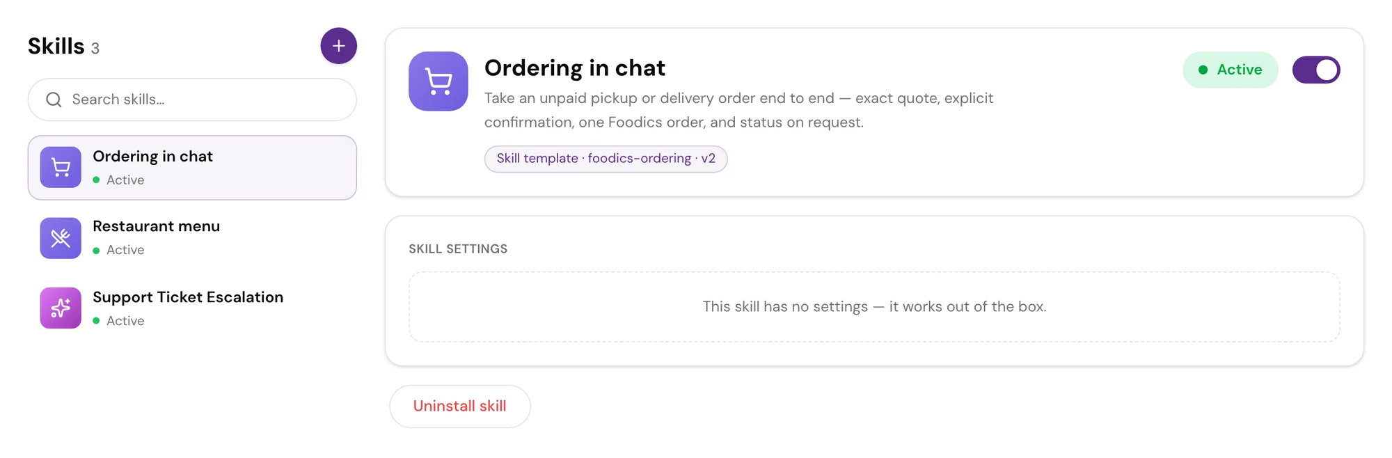 The Skills page in the tkana portal with Ordering in chat from the foodics-ordering template, Restaurant menu and Support ticket escalation all active