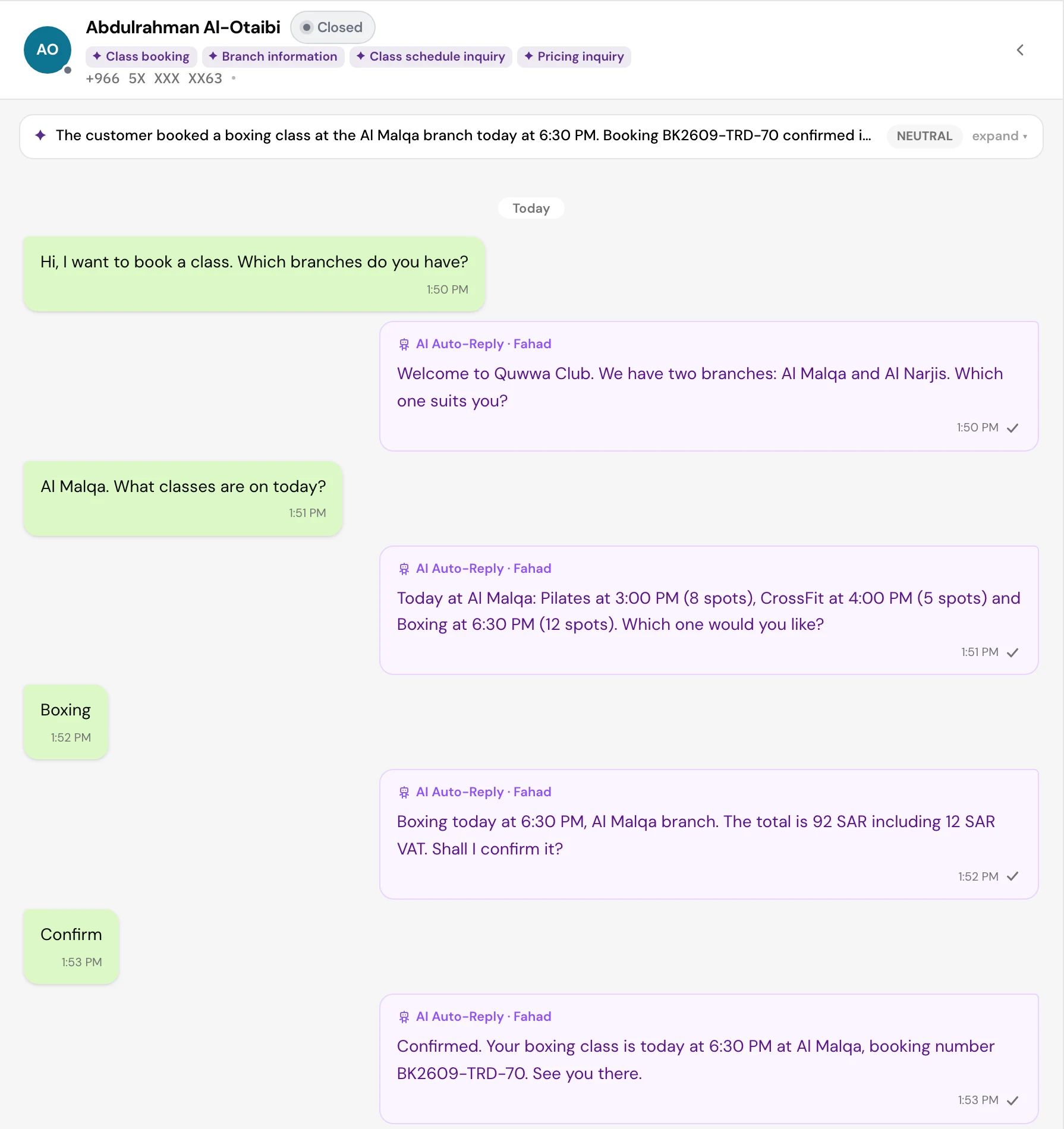 A conversation in the tkana inbox: the agent lists the branches and today's classes, quotes 92 SAR including VAT and confirms a boxing class with booking number BK2609-TRD-70