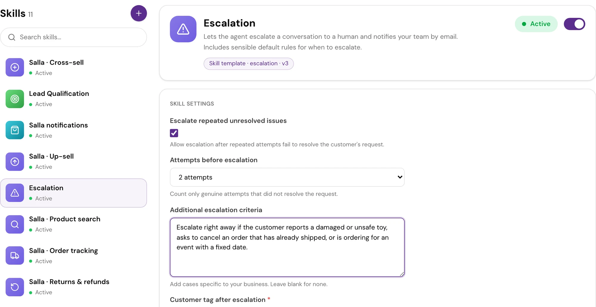 Escalation skill settings: the 'Escalate repeated unresolved issues' switch, attempts before escalation, additional criteria, and the customer tag