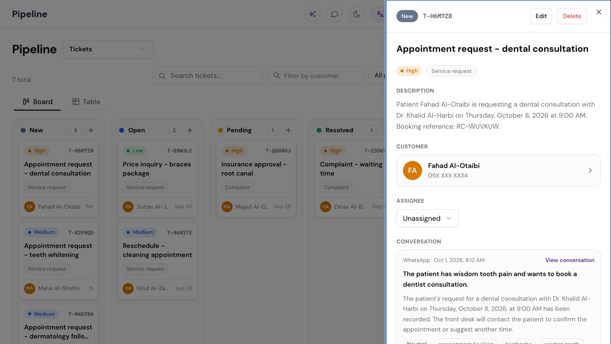 The Tickets board (Pipeline) for a clinic: the 'New' column with an 'Appointment request' ticket from a WhatsApp conversation, and the detail sheet open showing the conversation summary
