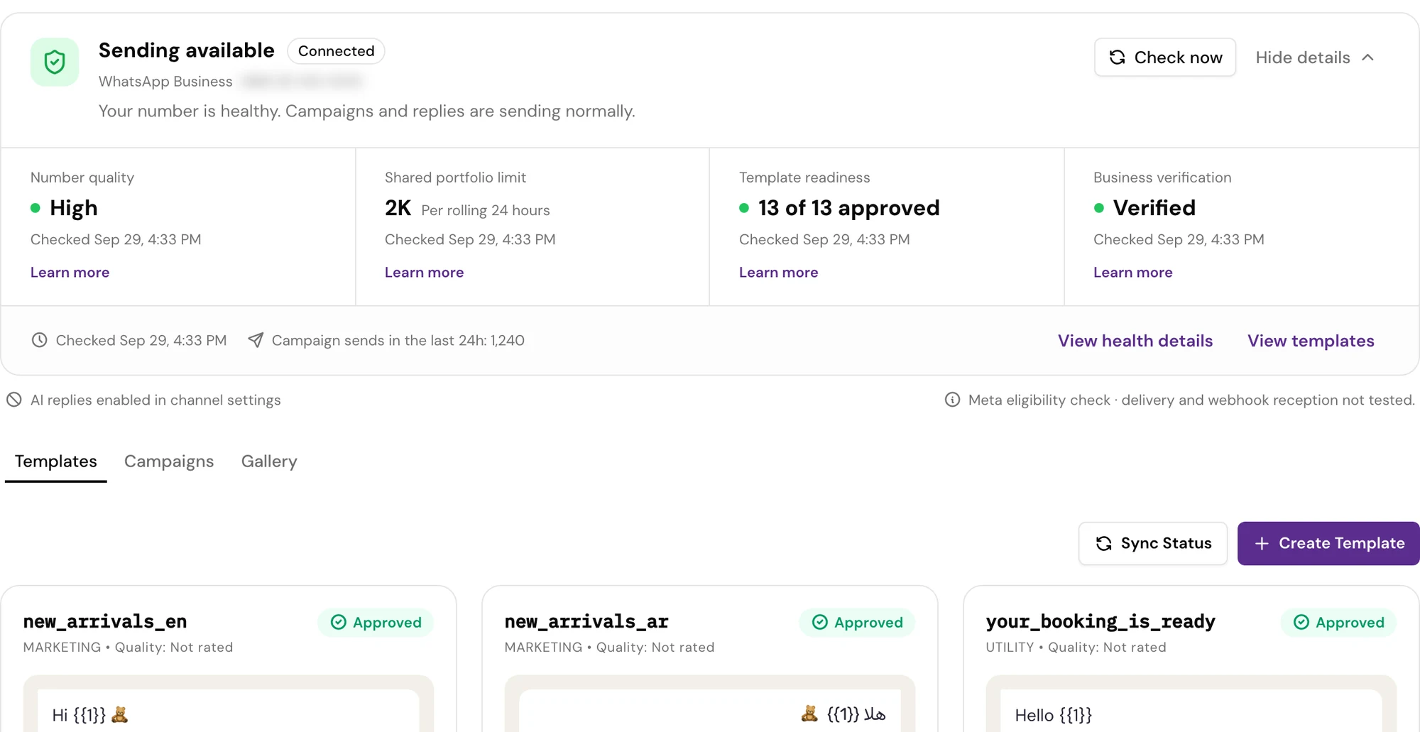 The WhatsApp channel page: the 'WhatsApp Health' card with messaging tier, number quality and the template counter