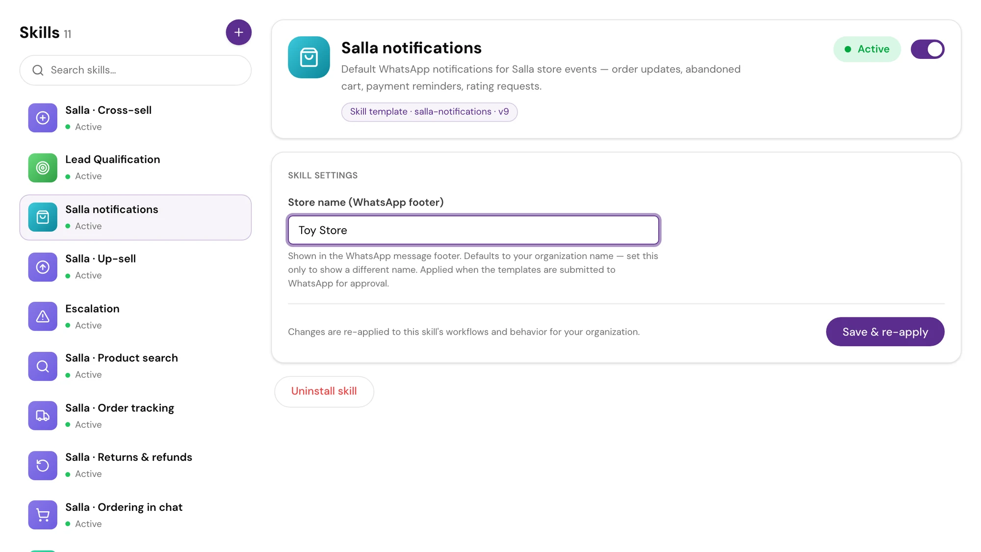 The 'Abandoned cart' workflow in the workflow editor: the Salla trigger and the Send WhatsApp template step, next to the notice as the customer received it